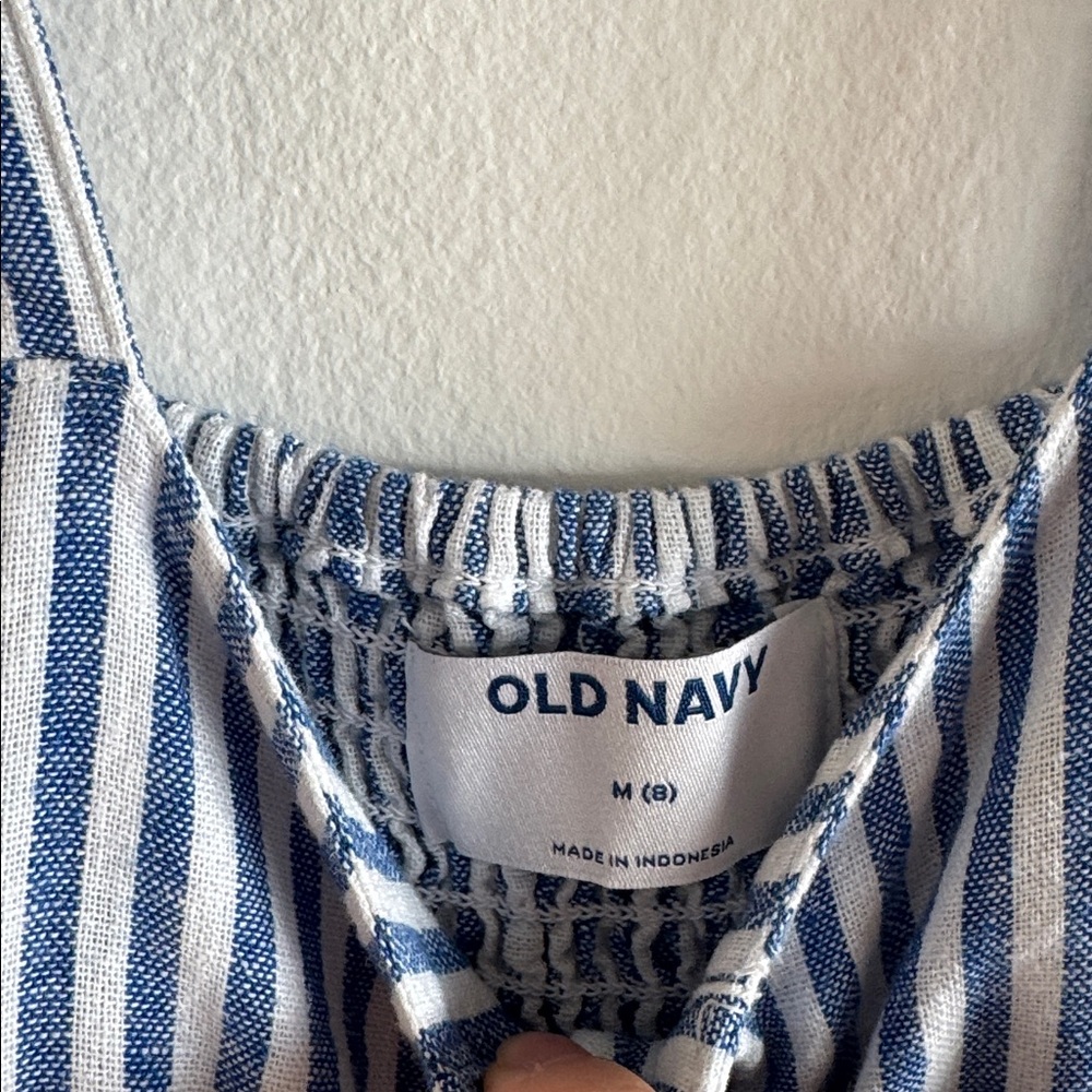 Old Navy Girls Blue and White Striped romper with pockets - Picture 6 of 8